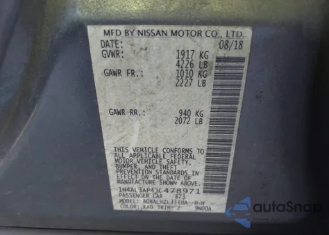 2018 Nissan Altima 2.5 Sr из США, поврежденный, VIN 1N4AL3AP4JC478971